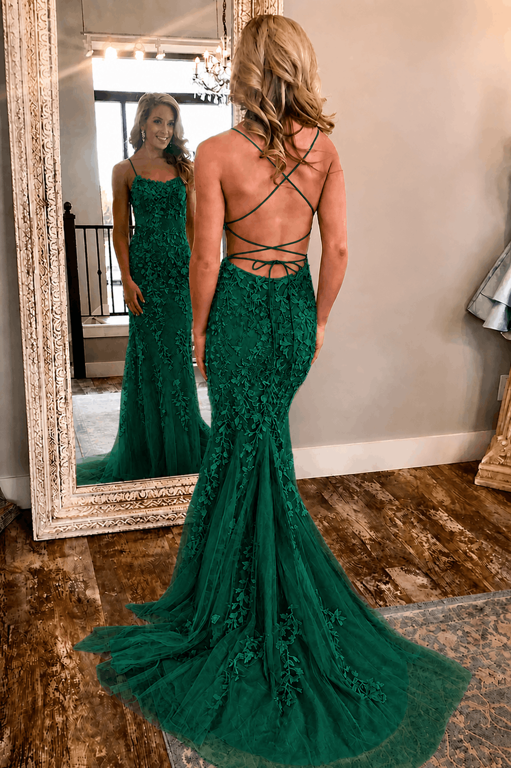 Sheath/Column Tulle Applique Prom Dresses Spaghetti Straps Sleeveless Long Formal Evening Gowns Kaidress