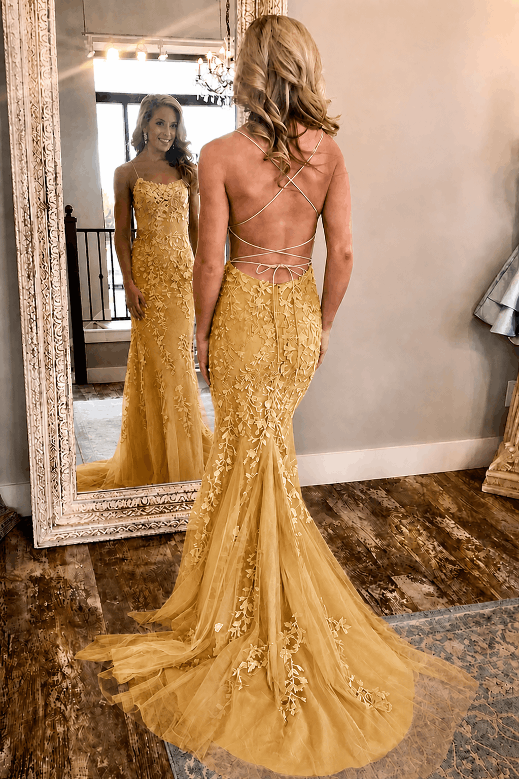 Sheath/Column Tulle Applique Prom Dresses Spaghetti Straps Sleeveless Long Formal Evening Gowns Kaidress