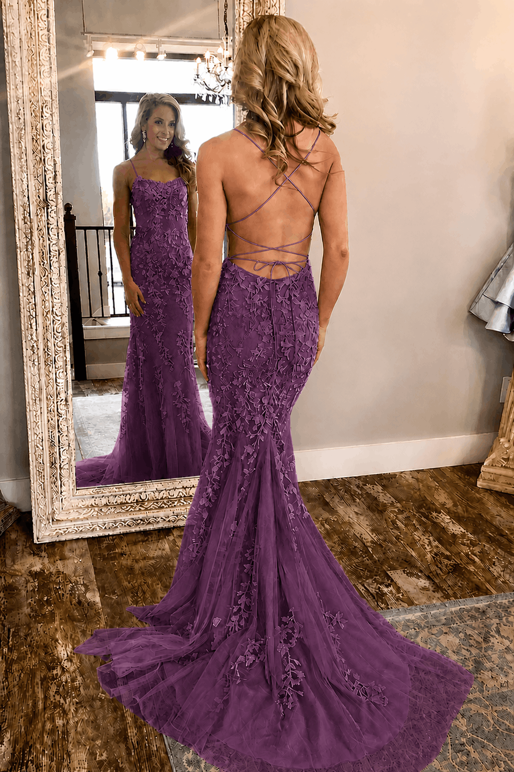 Sheath/Column Tulle Applique Prom Dresses Spaghetti Straps Sleeveless Long Formal Evening Gowns Kaidress