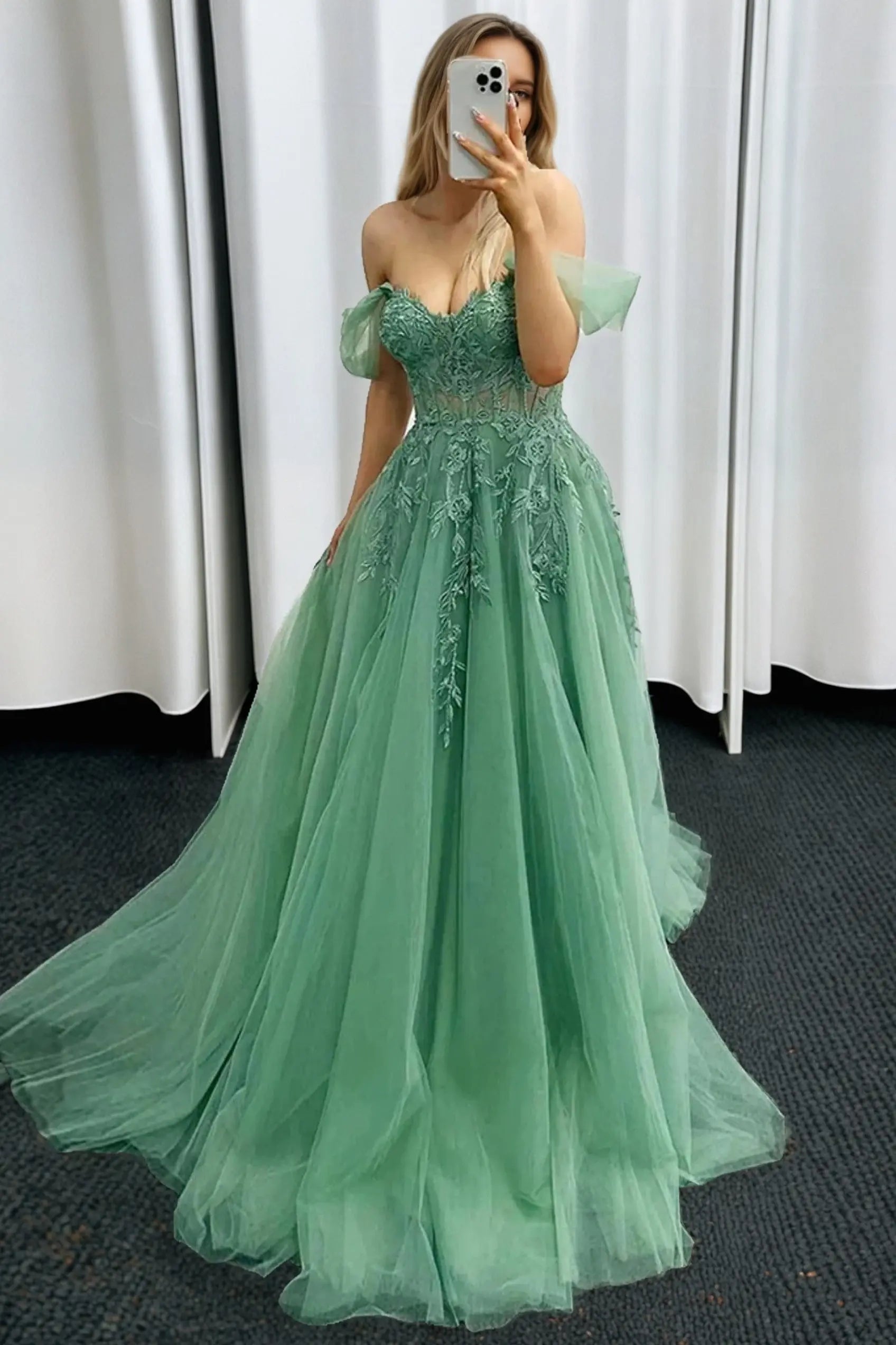 Tulle Green Formal Prom Dresses Princess Strapless Long Evening Gowns