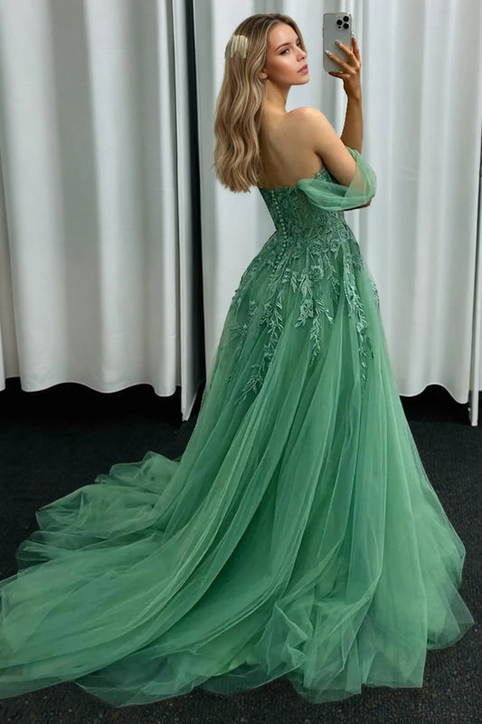 Tulle Green Formal Prom Dresses Princess Strapless Long Evening Gowns