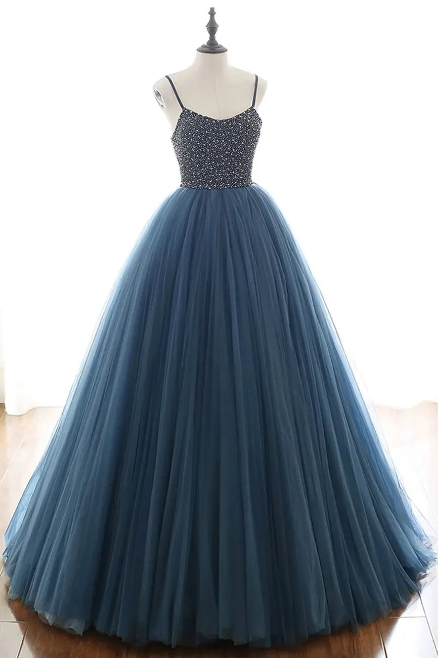 Tulle Halter Navy Formal Prom Dress Beaded Princess Long Evening Gowns