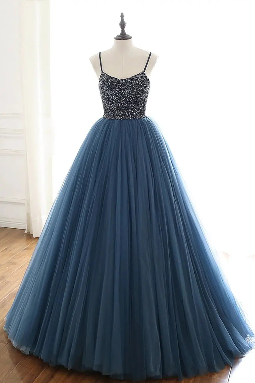 Tulle Halter Navy Formal Prom Dress Beaded Princess Long Evening Gowns