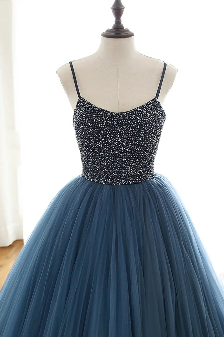 Tulle Halter Navy Formal Prom Dress Beaded Princess Long Evening Gowns