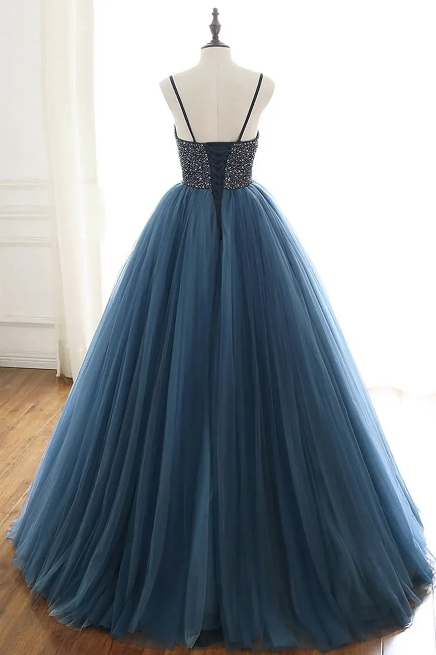 Tulle Halter Navy Formal Prom Dress Beaded Princess Long Evening Gowns