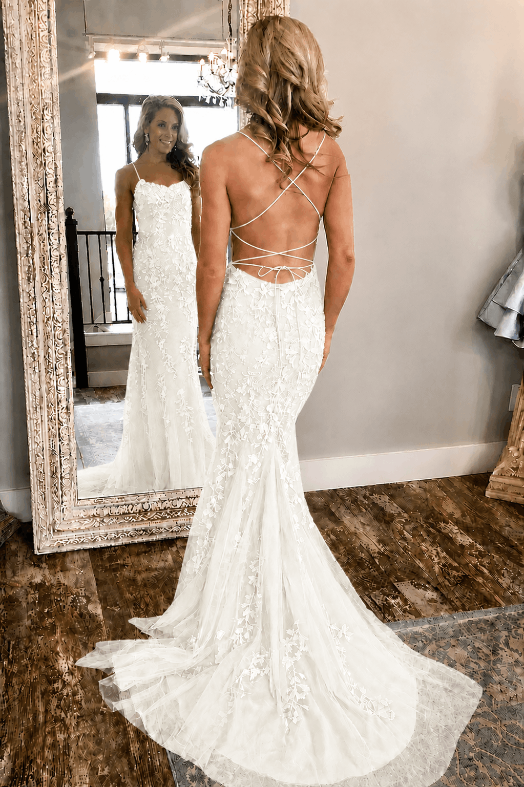 Sheath/Column Tulle Applique Prom Dresses Spaghetti Straps Sleeveless Long Formal Evening Gowns Kaidress