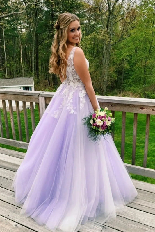 Tulle Lace Lilac Formal Prom Dress Princess V-neck Long Evening Gowns