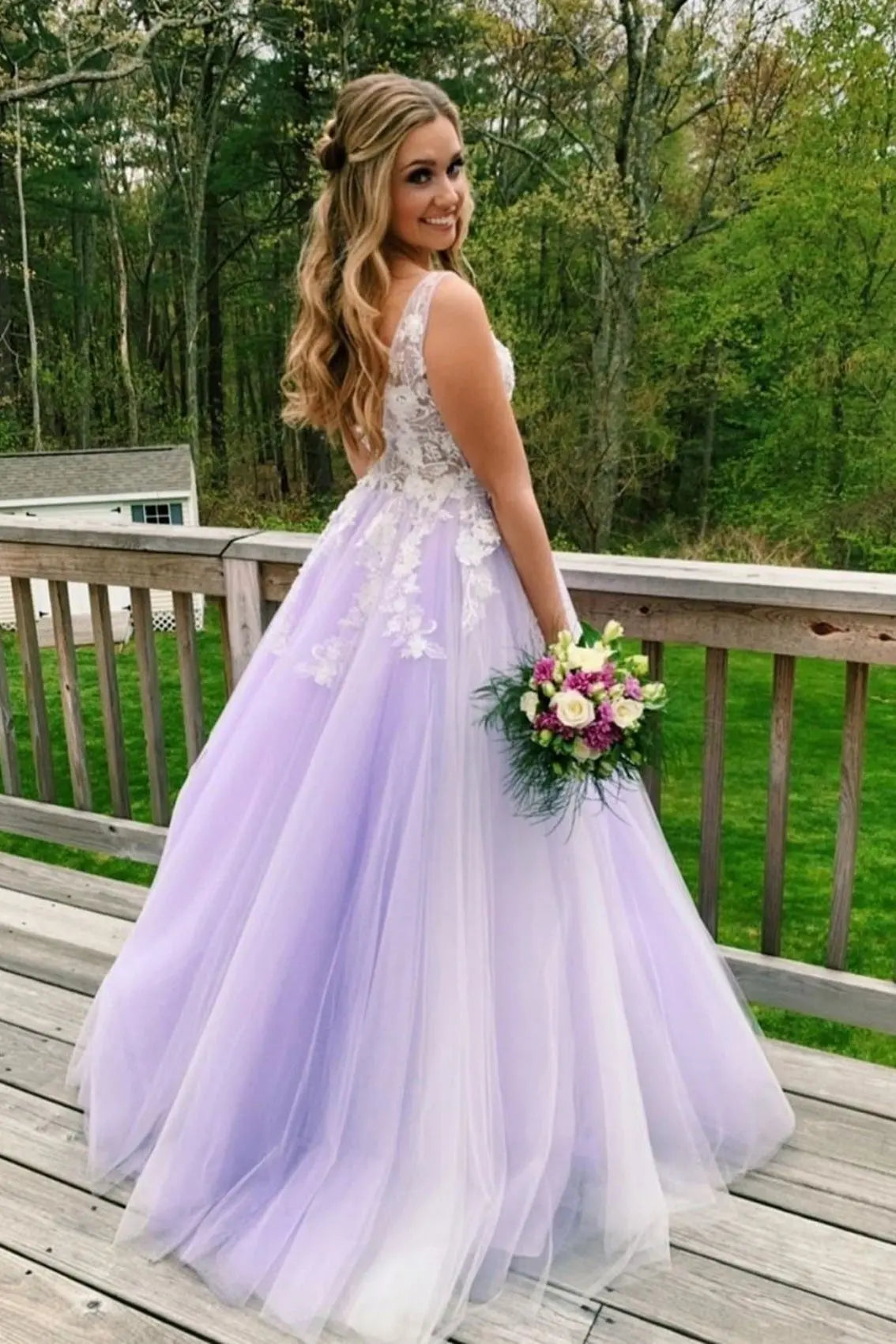Tulle Lace Lilac Formal Prom Dress Princess V-neck Long Evening Gowns