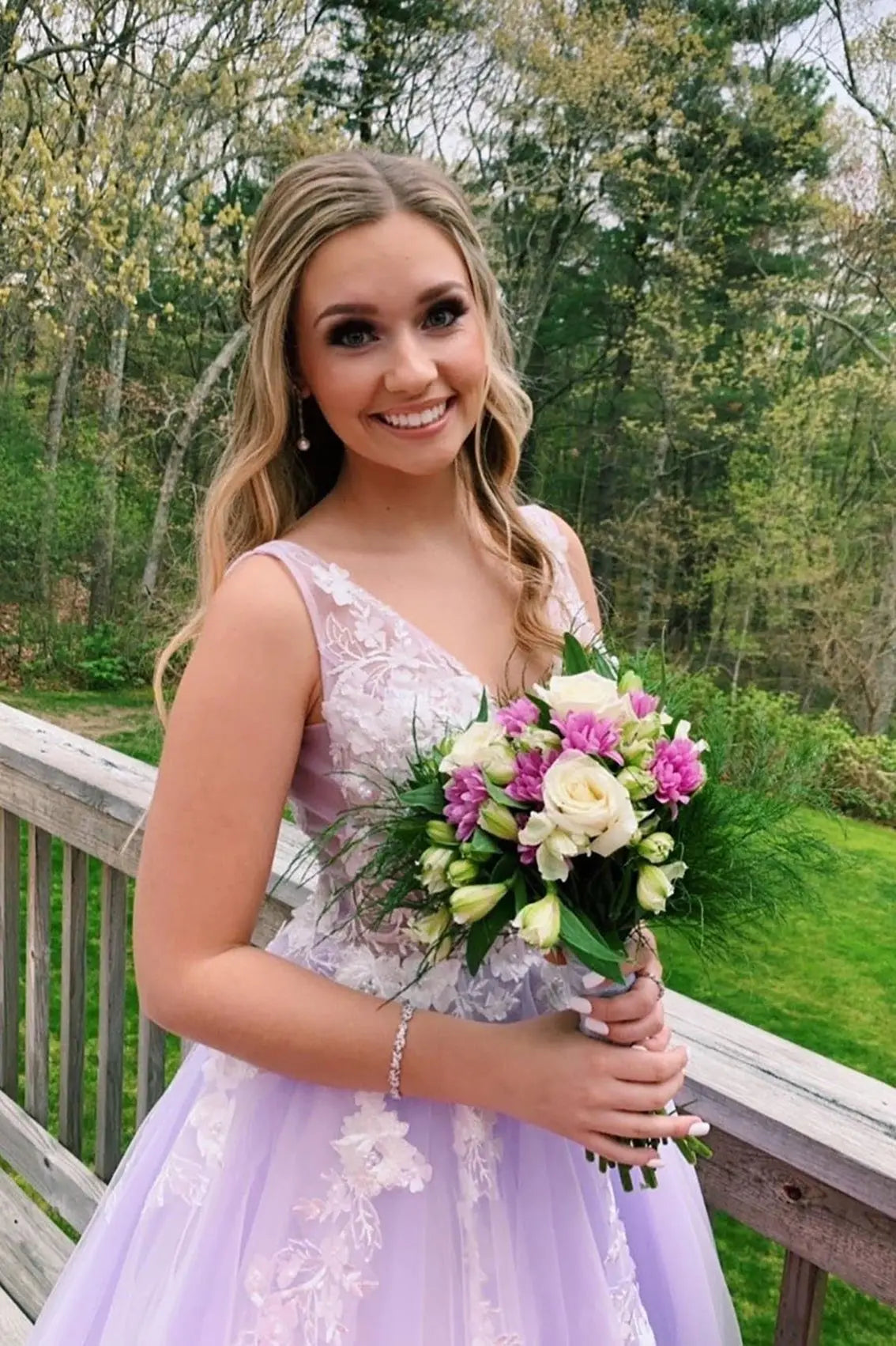 Tulle Lace Lilac Formal Prom Dress Princess V-neck Long Evening Gowns