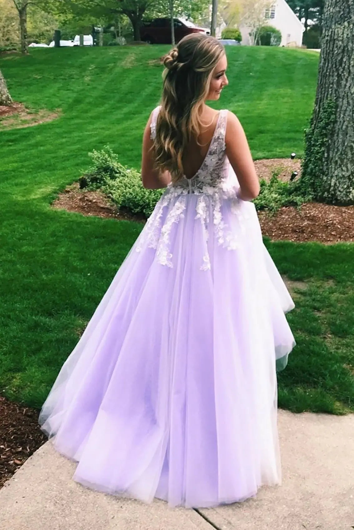 Tulle Lace Lilac Formal Prom Dress Princess V-neck Long Evening Gowns