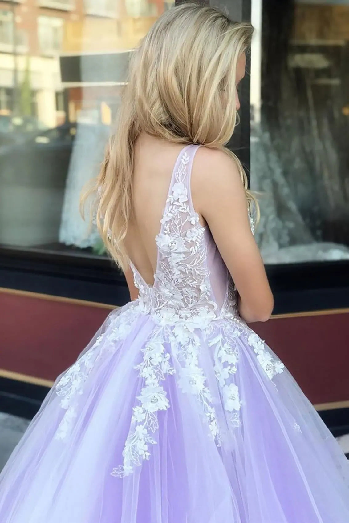 Tulle Lace Lilac Formal Prom Dress Princess V-neck Long Evening Gowns