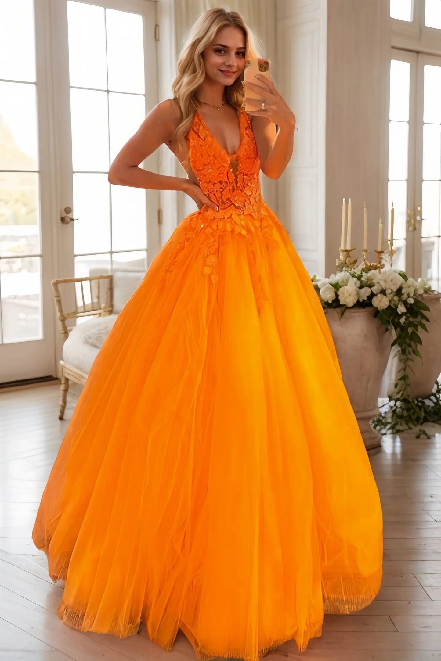 Tulle Lace Orange Formal Prom Dress Princess V-neck Long Evening Gowns