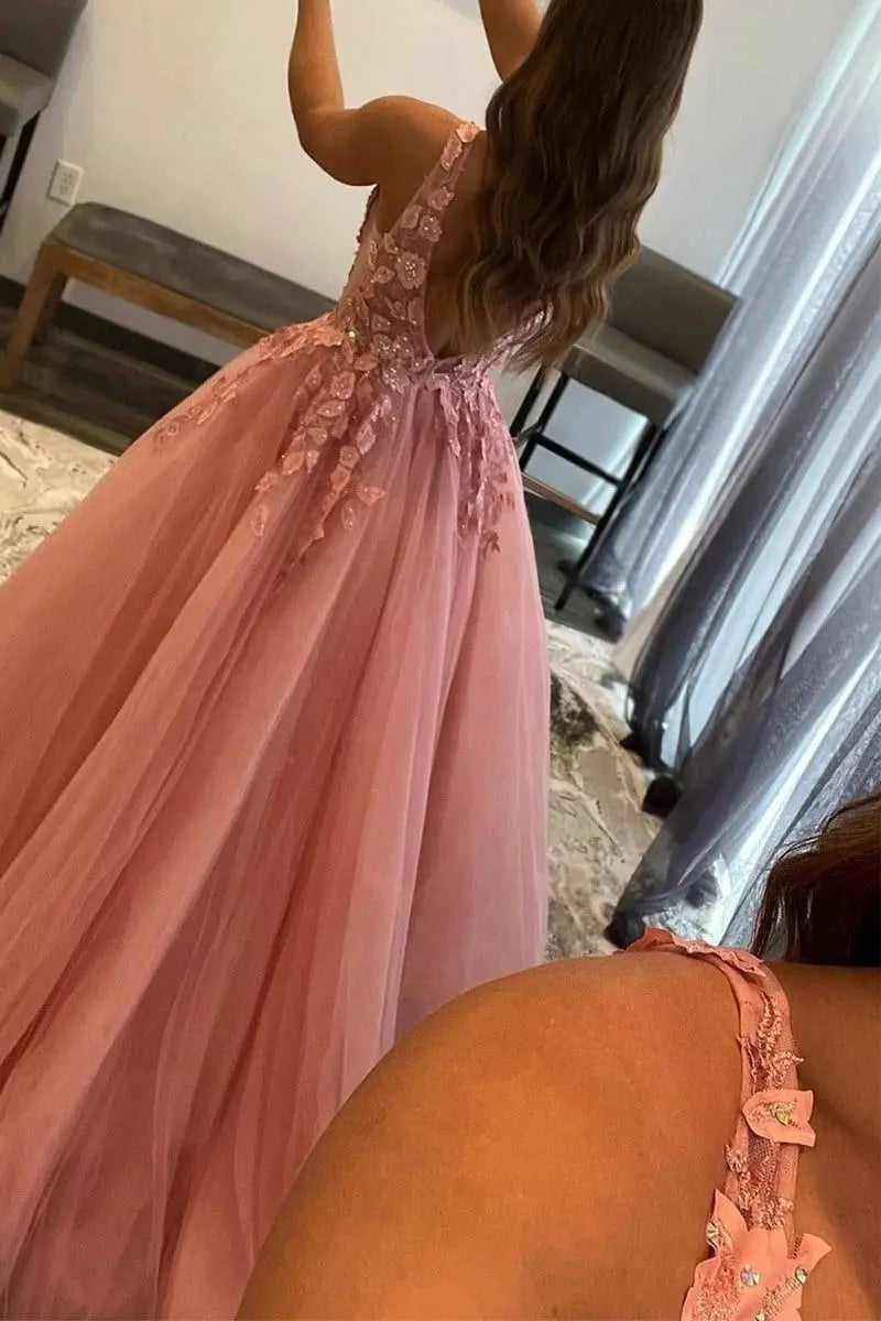 Tulle Lace Orange Formal Prom Dress Princess V-neck Long Evening Gowns