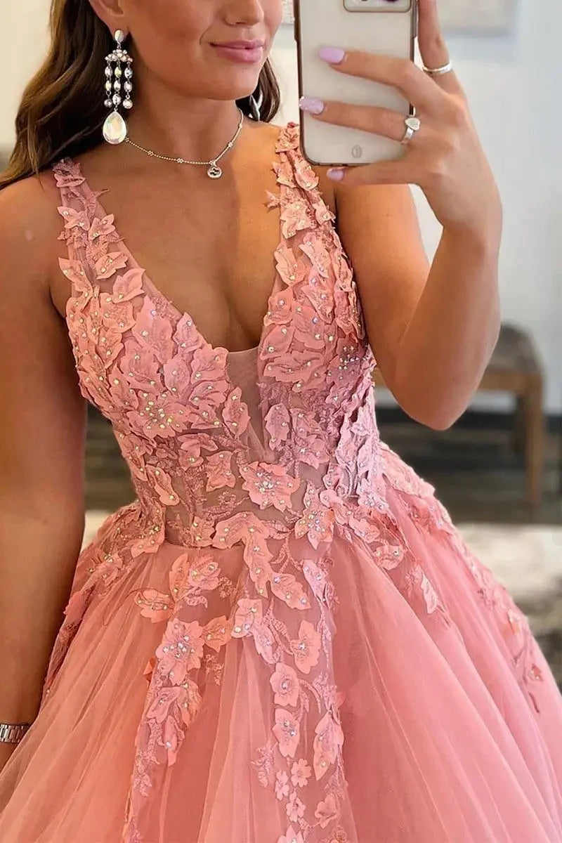Tulle Lace Orange Formal Prom Dress Princess V-neck Long Evening Gowns