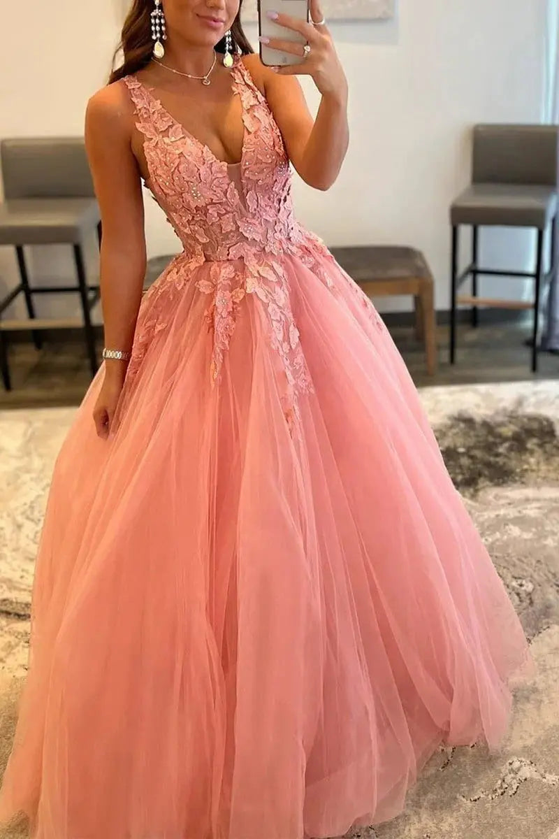 Tulle Lace Orange Formal Prom Dress Princess V-neck Long Evening Gowns