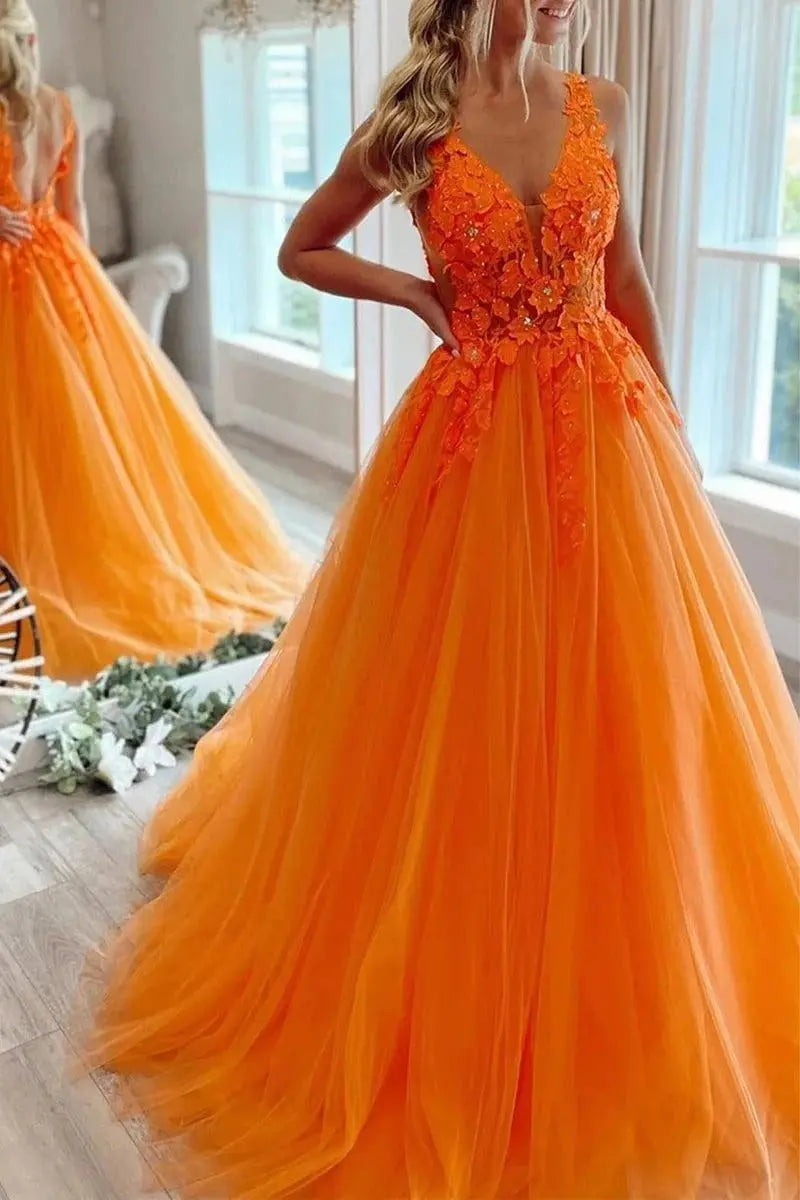 Tulle Lace Orange Formal Prom Dress Princess V-neck Long Evening Gowns