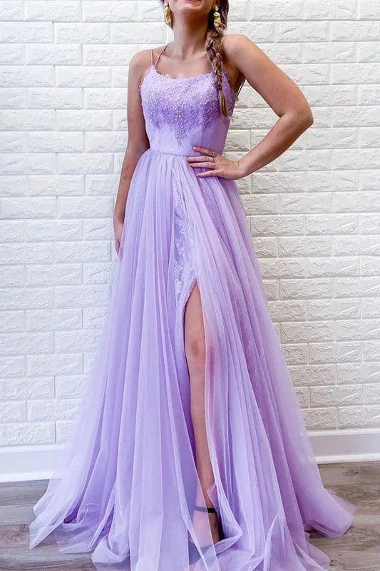 Tulle Lavender Formal Prom Dresses Slit Long Lace Halter Evening Gowns