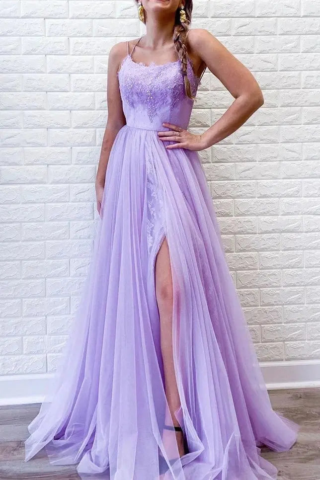 Tulle Lavender Formal Prom Dresses Slit Long Lace Halter Evening Gowns