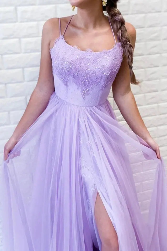 Tulle Lavender Formal Prom Dresses Slit Long Lace Halter Evening Gowns