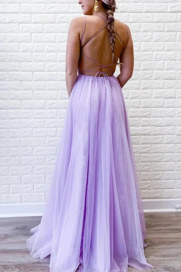 Tulle Lavender Formal Prom Dresses Slit Long Lace Halter Evening Gowns