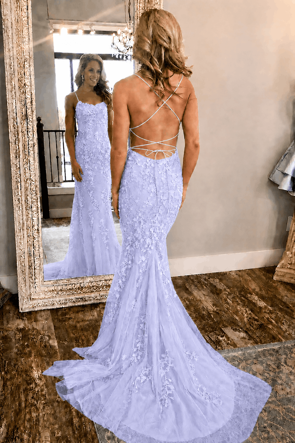 Sheath/Column Tulle Applique Prom Dresses Spaghetti Straps Sleeveless Long Formal Evening Gowns Kaidress