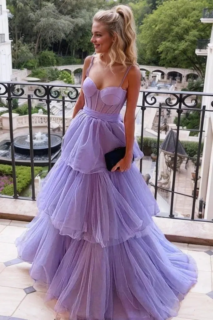Tulle Lilac Formal Prom Dresses Princess Halter Long Evening Gowns