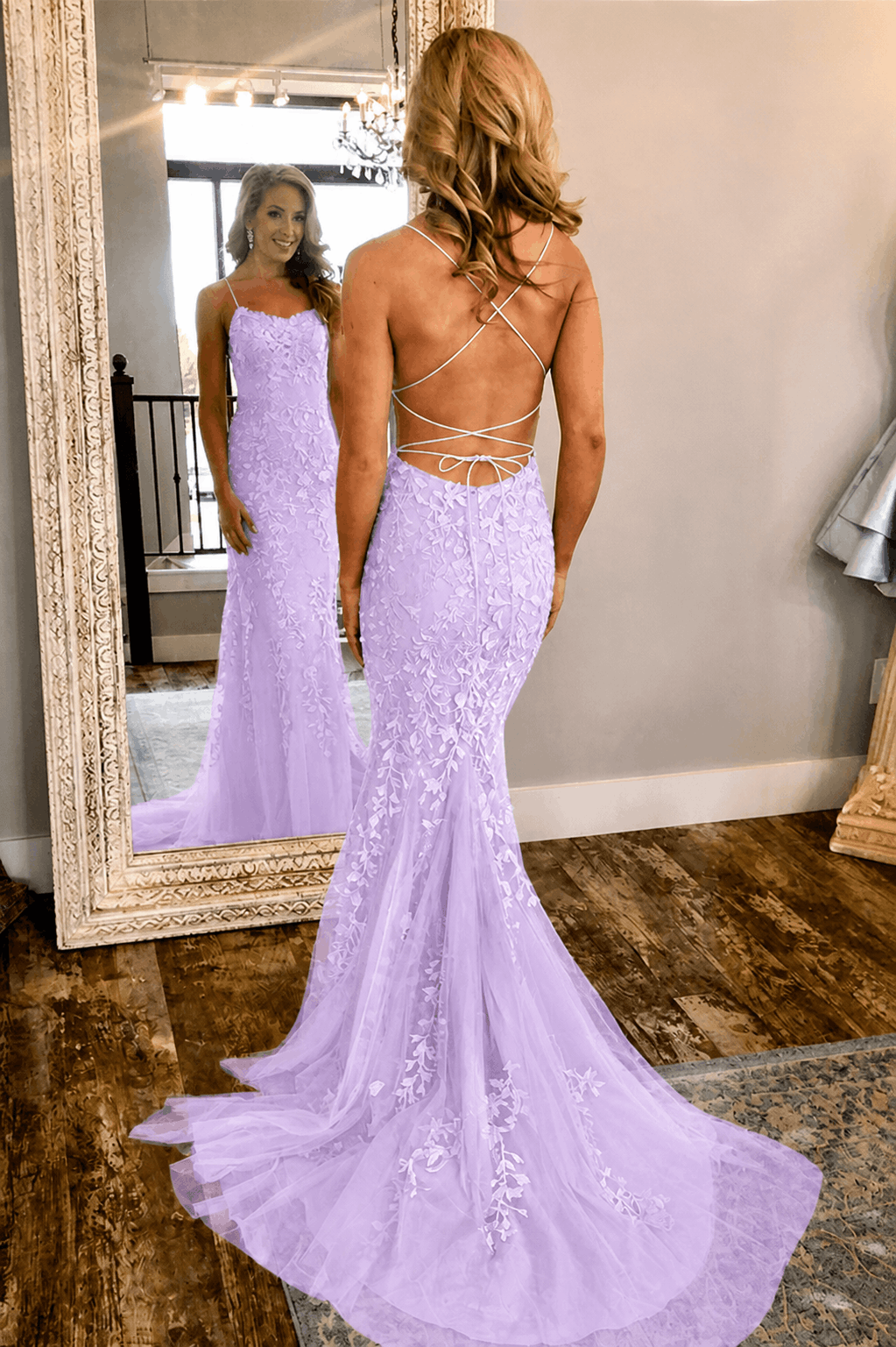Sheath/Column Tulle Applique Prom Dresses Spaghetti Straps Sleeveless Long Formal Evening Gowns Kaidress