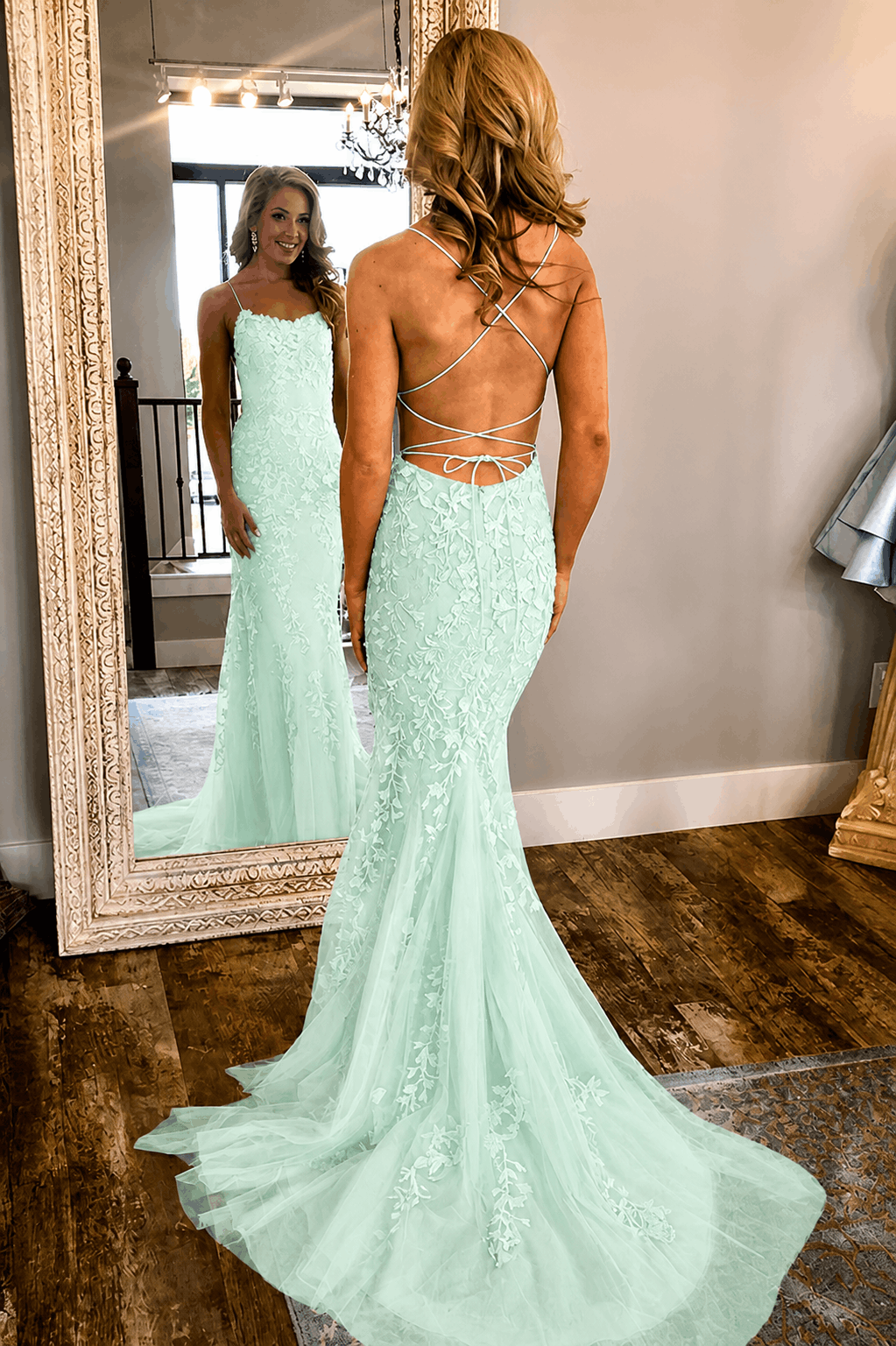Sheath/Column Tulle Applique Prom Dresses Spaghetti Straps Sleeveless Long Formal Evening Gowns Kaidress