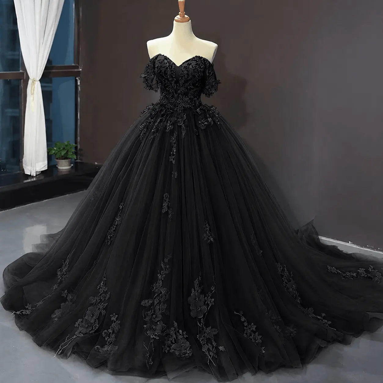 A-Line Blue Tulle Quinceanera Dress Off Shoulder Lace Ball Gown Prom Dress KAIDRESS
