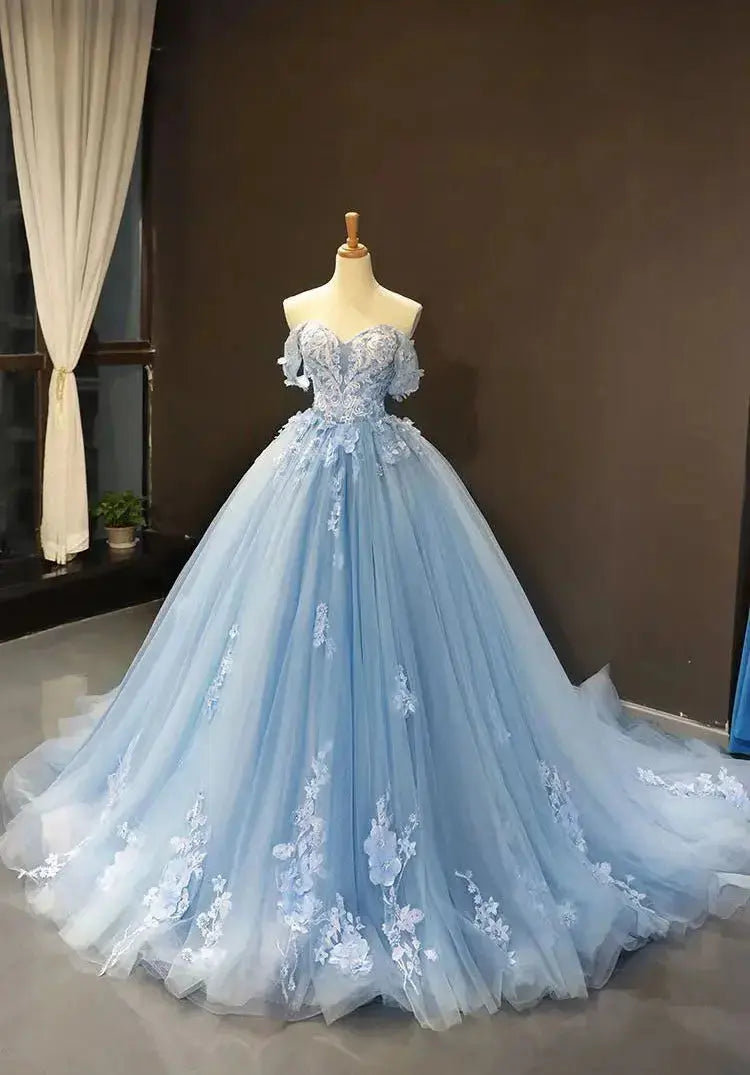 A-Line Ball Gown Off-the-Shoulder Sweep Train Tulle Formal Prom Dresses With Appliqued - KAIDRESS
