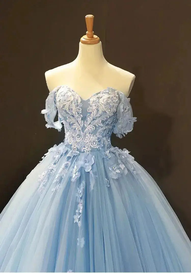A-Line Ball Gown Off-the-Shoulder Sweep Train Tulle Formal Prom Dresses With Appliqued - KAIDRESS