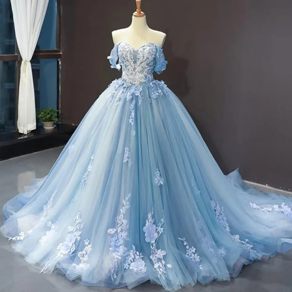 A-Line Blue Tulle Quinceanera Dress Off Shoulder Lace Ball Gown Prom Dress KAIDRESS