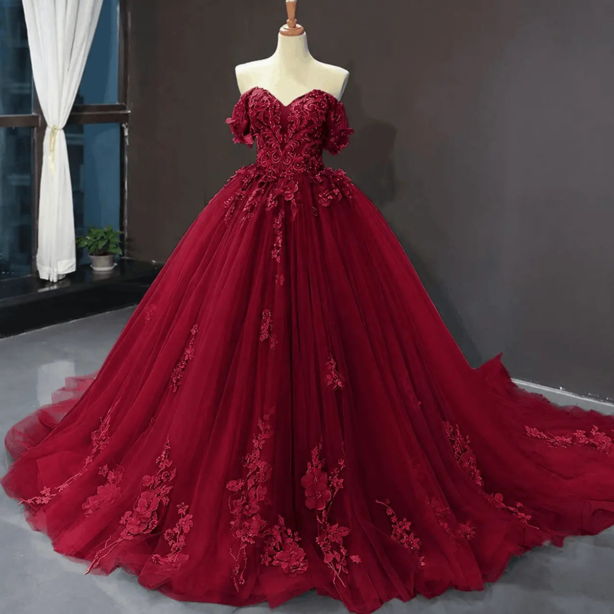 A-Line Blue Tulle Quinceanera Dress Off Shoulder Lace Ball Gown Prom Dress KAIDRESS
