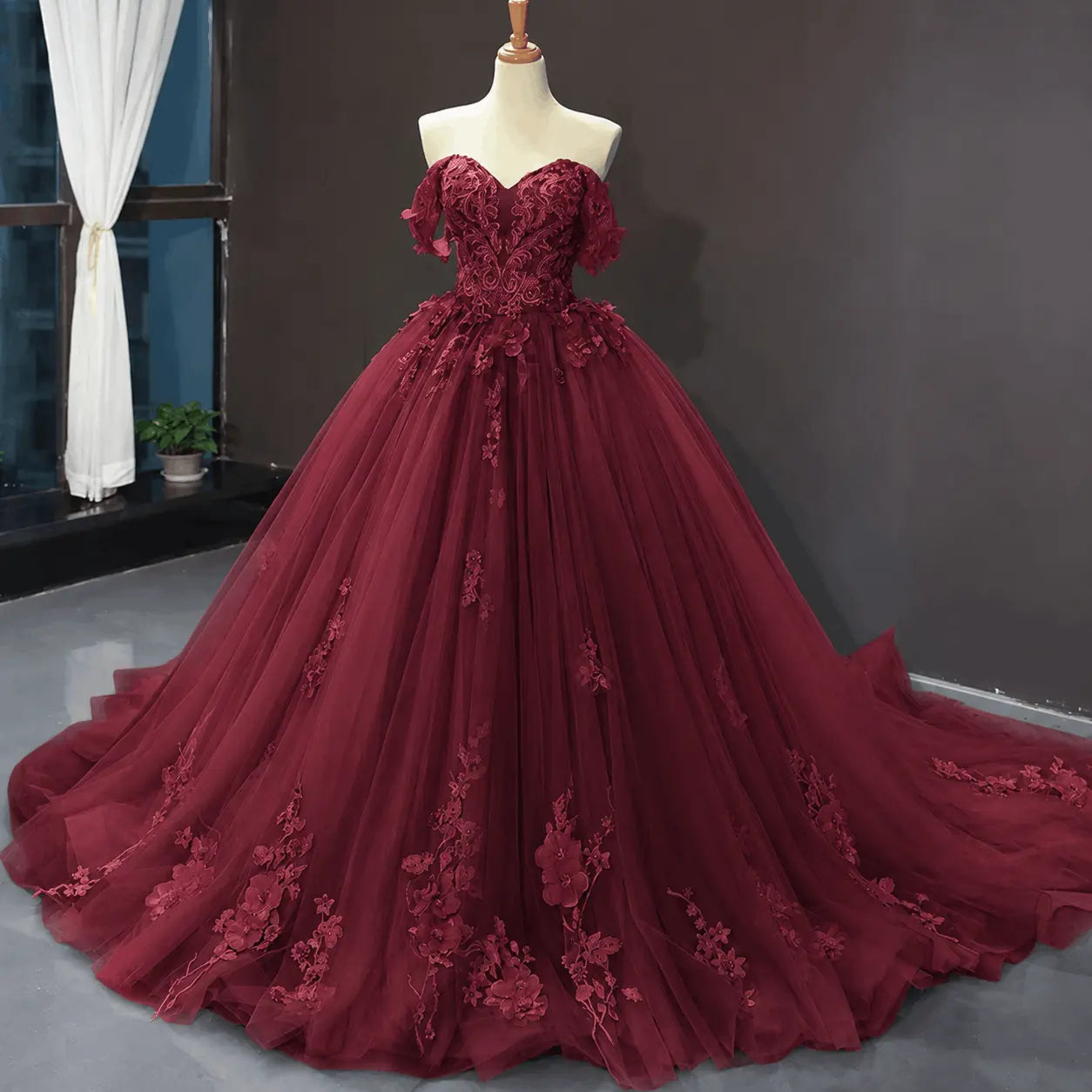 A-Line Blue Tulle Quinceanera Dress Off Shoulder Lace Ball Gown Prom Dress KAIDRESS