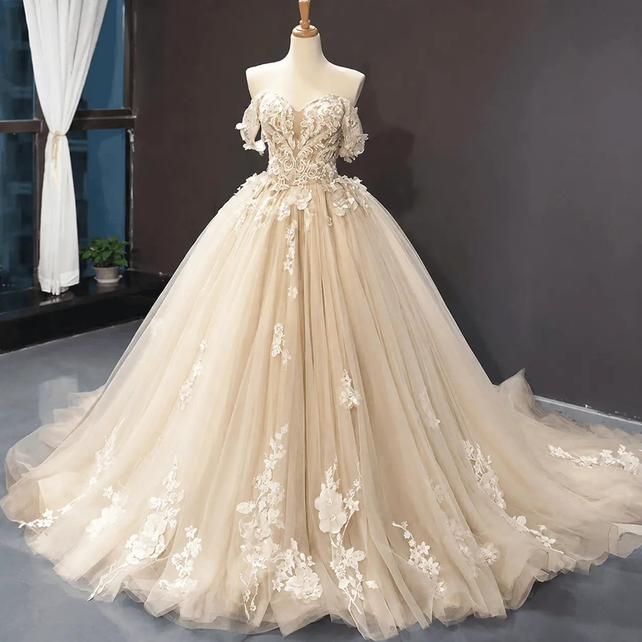 A-Line Blue Tulle Quinceanera Dress Off Shoulder Lace Ball Gown Prom Dress KAIDRESS
