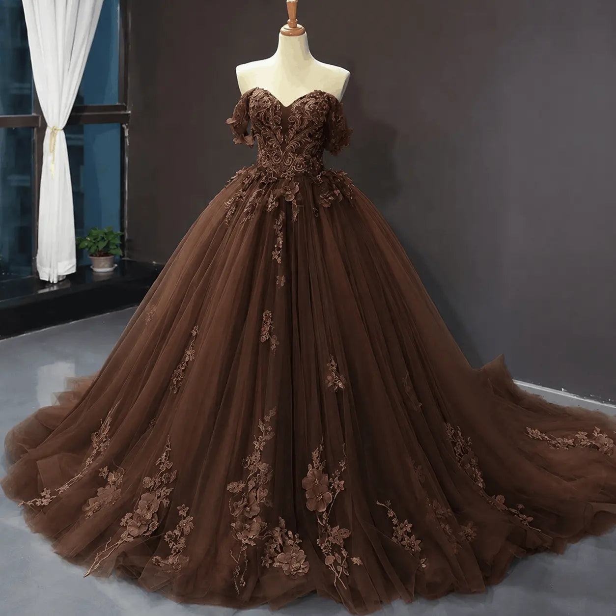 A-Line Blue Tulle Quinceanera Dress Off Shoulder Lace Ball Gown Prom Dress KAIDRESS