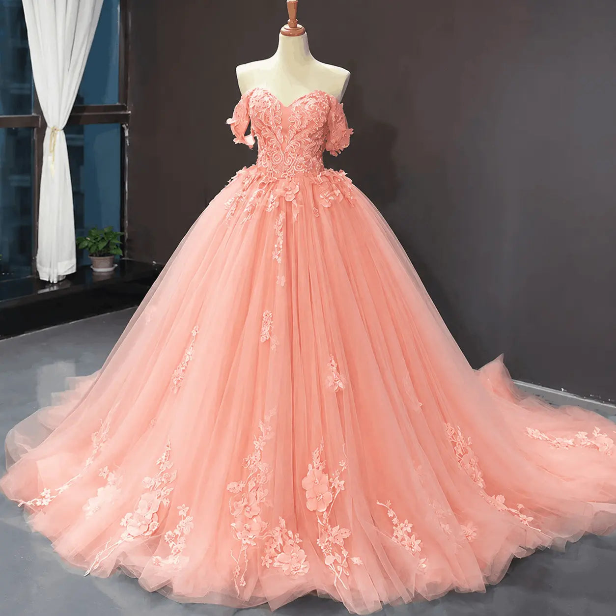 A-Line Blue Tulle Quinceanera Dress Off Shoulder Lace Ball Gown Prom Dress KAIDRESS