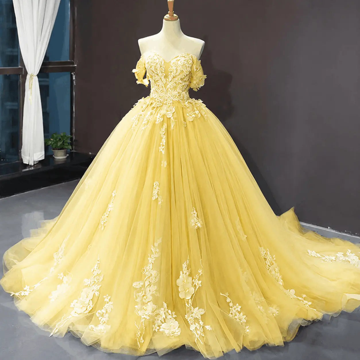 A-Line Blue Tulle Quinceanera Dress Off Shoulder Lace Ball Gown Prom Dress KAIDRESS