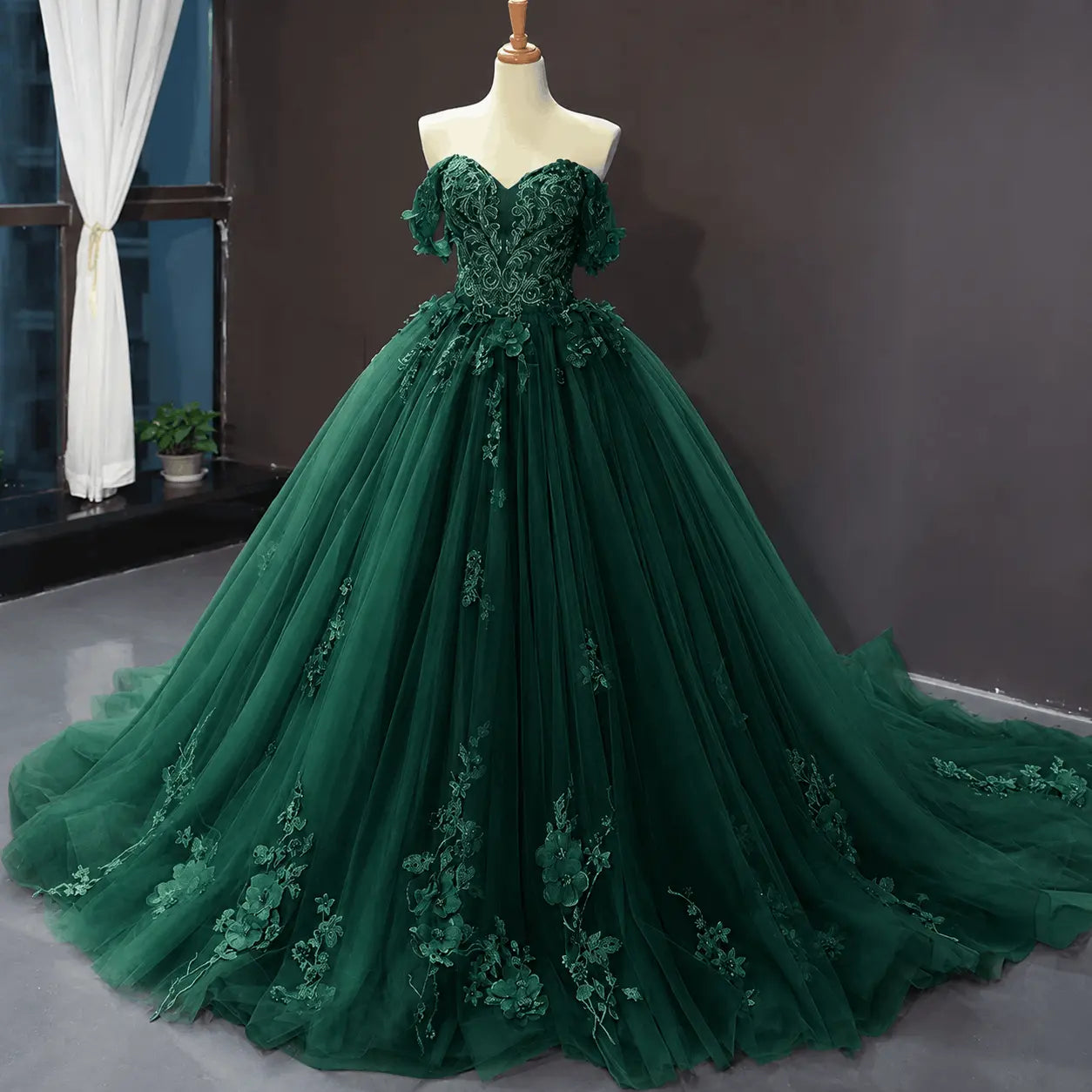 A-Line Blue Tulle Quinceanera Dress Off Shoulder Lace Ball Gown Prom Dress KAIDRESS