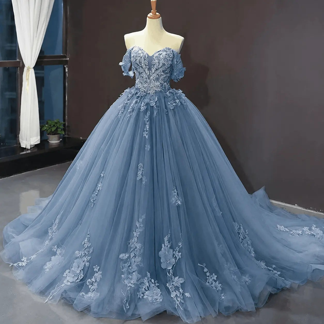 A-Line Blue Tulle Quinceanera Dress Off Shoulder Lace Ball Gown Prom Dress KAIDRESS