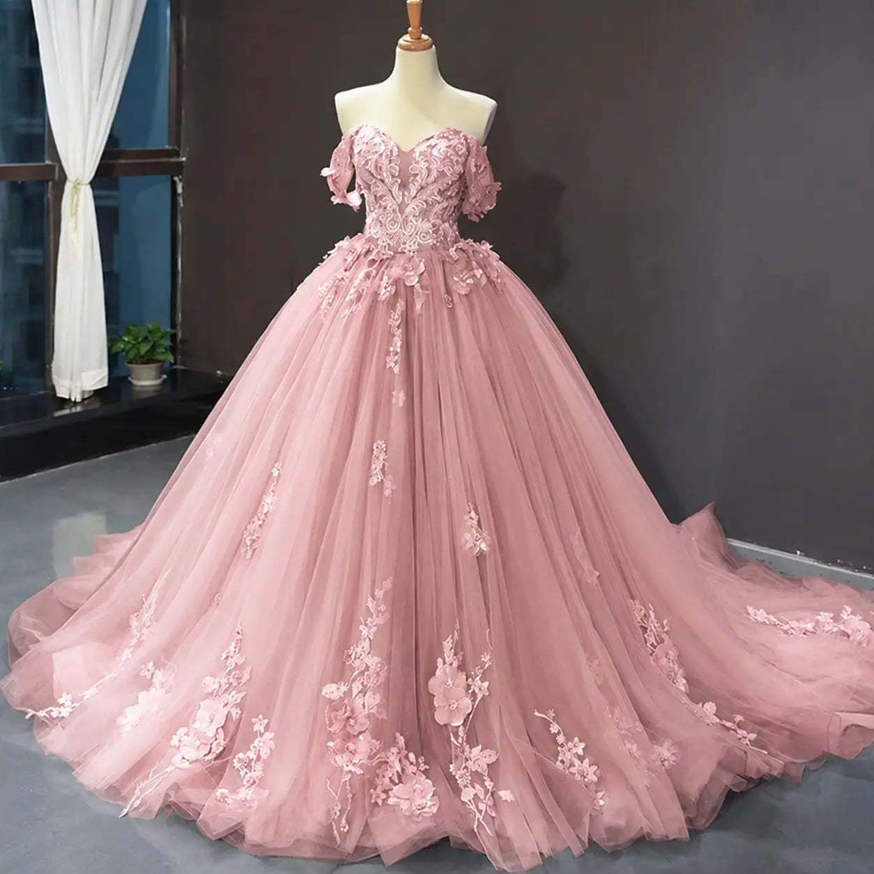 A-Line Blue Tulle Quinceanera Dress Off Shoulder Lace Ball Gown Prom Dress KAIDRESS
