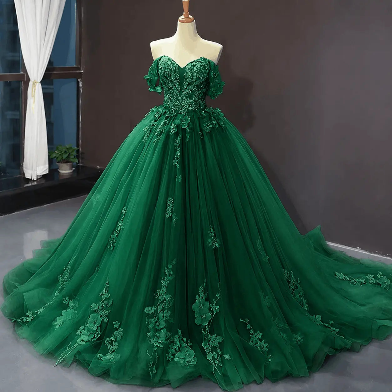 A-Line Blue Tulle Quinceanera Dress Off Shoulder Lace Ball Gown Prom Dress KAIDRESS