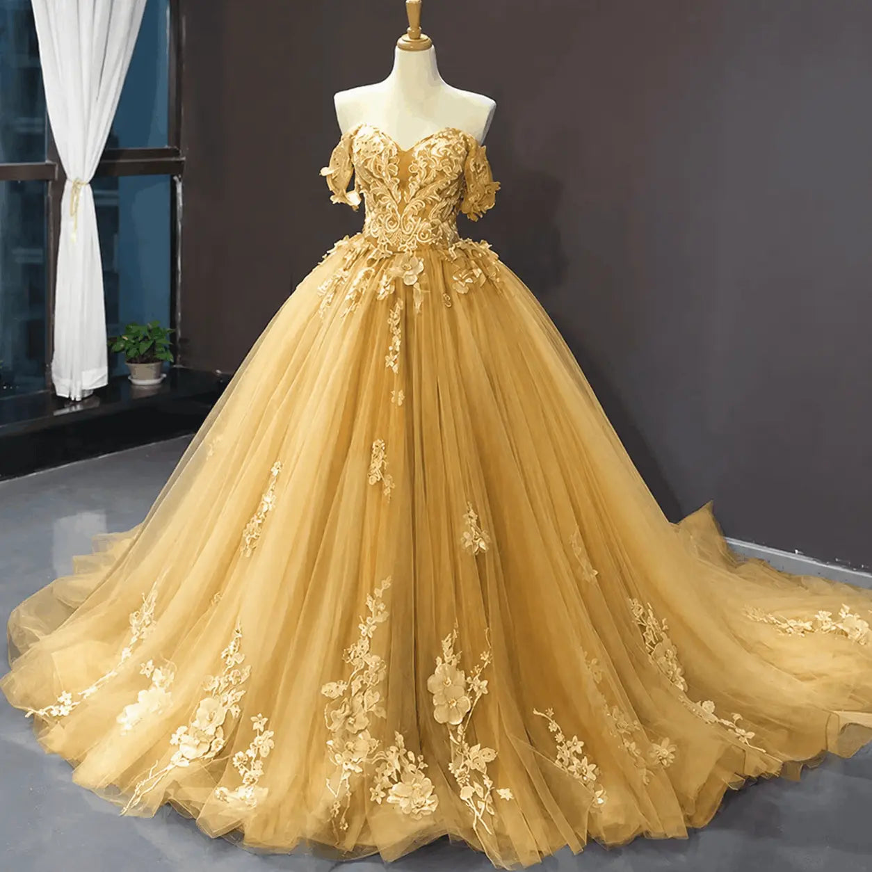A-Line Blue Tulle Quinceanera Dress Off Shoulder Lace Ball Gown Prom Dress KAIDRESS