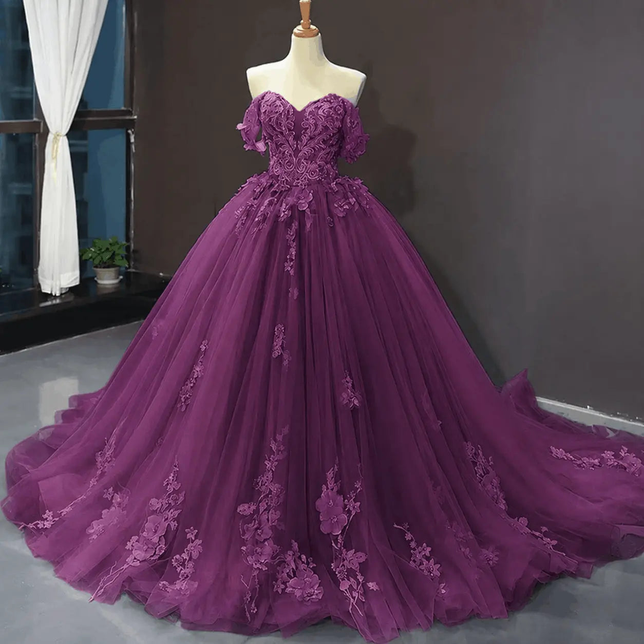 A-Line Blue Tulle Quinceanera Dress Off Shoulder Lace Ball Gown Prom Dress KAIDRESS