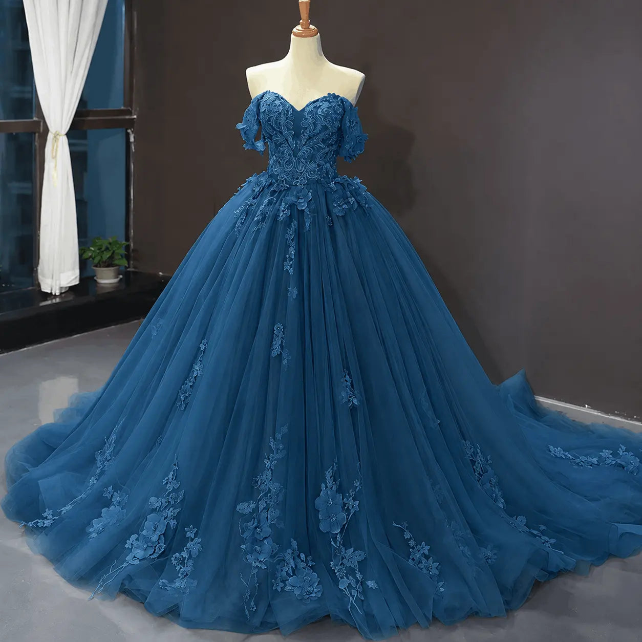 A-Line Blue Tulle Quinceanera Dress Off Shoulder Lace Ball Gown Prom Dress KAIDRESS