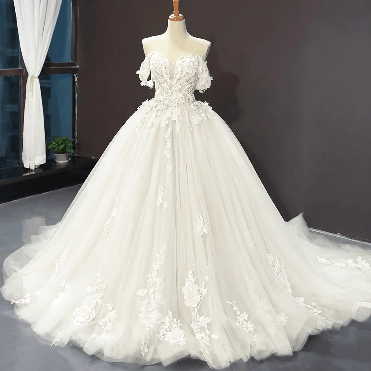 A-Line Blue Tulle Quinceanera Dress Off Shoulder Lace Ball Gown Prom Dress KAIDRESS