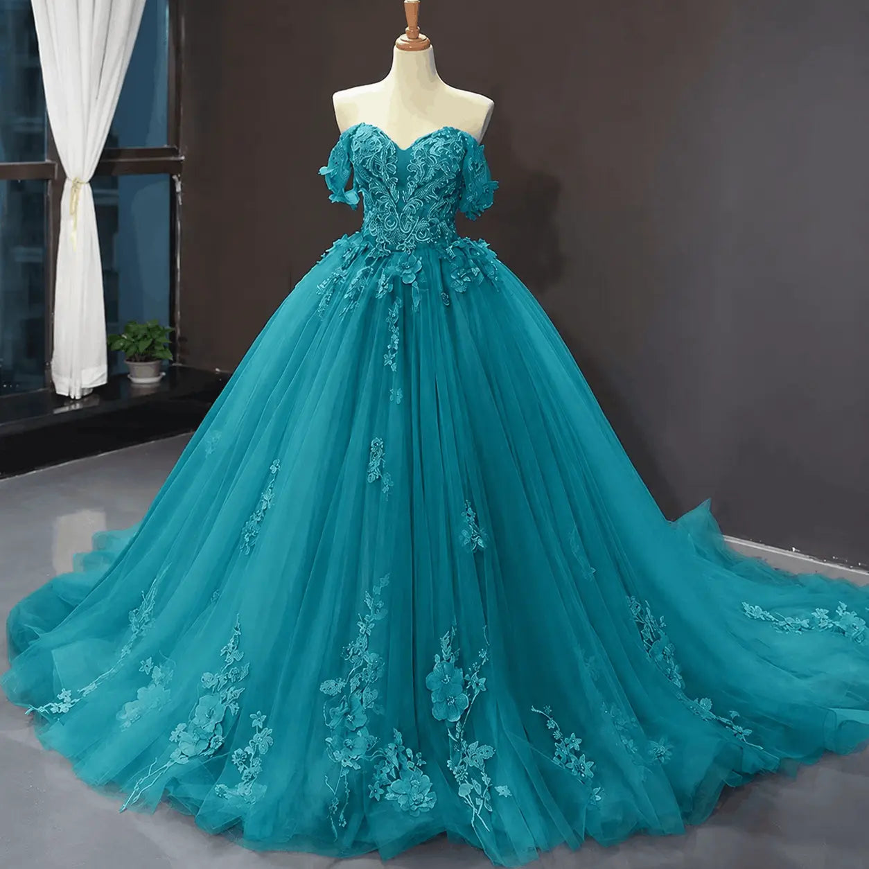 A-Line Blue Tulle Quinceanera Dress Off Shoulder Lace Ball Gown Prom Dress KAIDRESS
