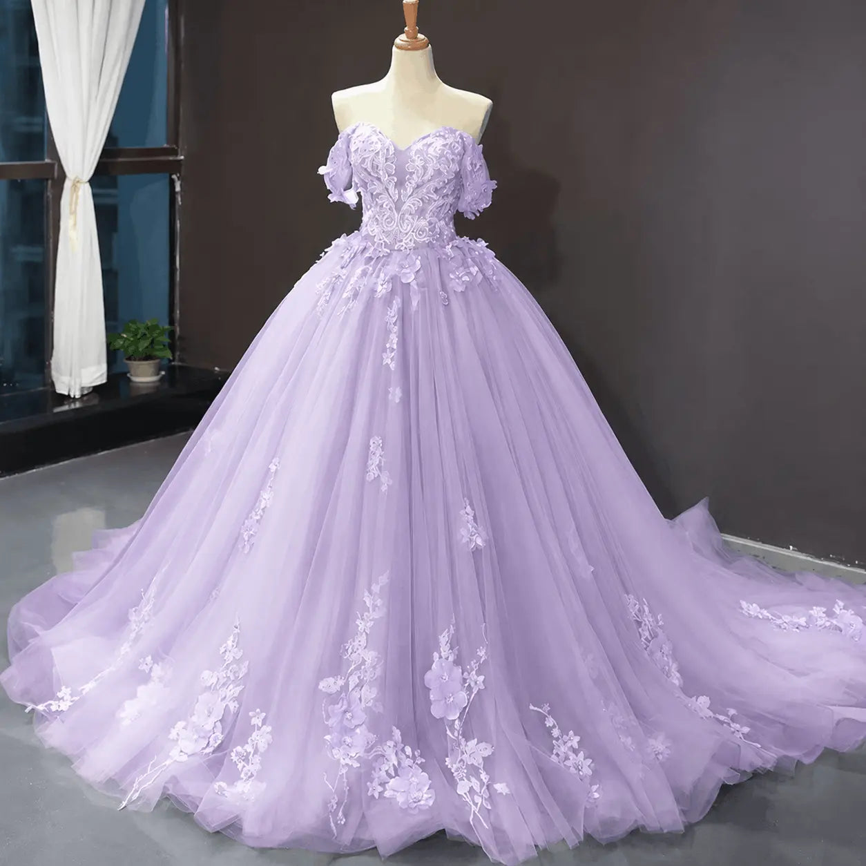 A-Line Blue Tulle Quinceanera Dress Off Shoulder Lace Ball Gown Prom Dress KAIDRESS