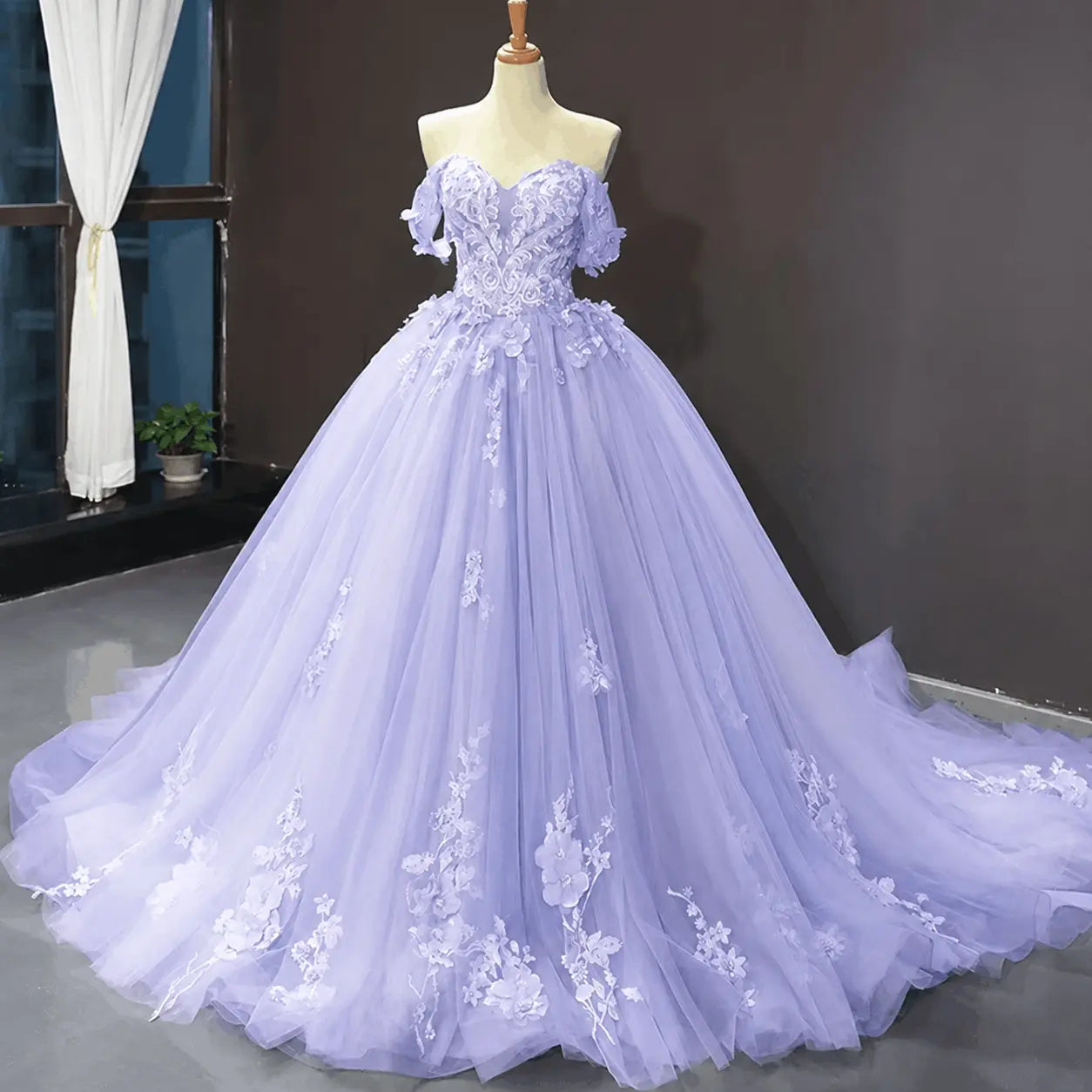 A-Line Blue Tulle Quinceanera Dress Off Shoulder Lace Ball Gown Prom Dress KAIDRESS