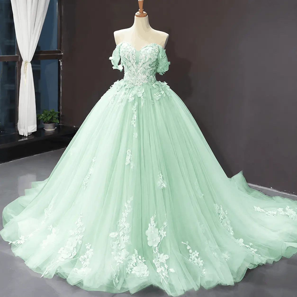 A-Line Blue Tulle Quinceanera Dress Off Shoulder Lace Ball Gown Prom Dress KAIDRESS